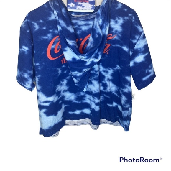 Coca Cola Women’s Crop Top T-shirt Red. Blue Tie Dye Oversized Size XL w/ Bandn. - Picture 7 of 7
